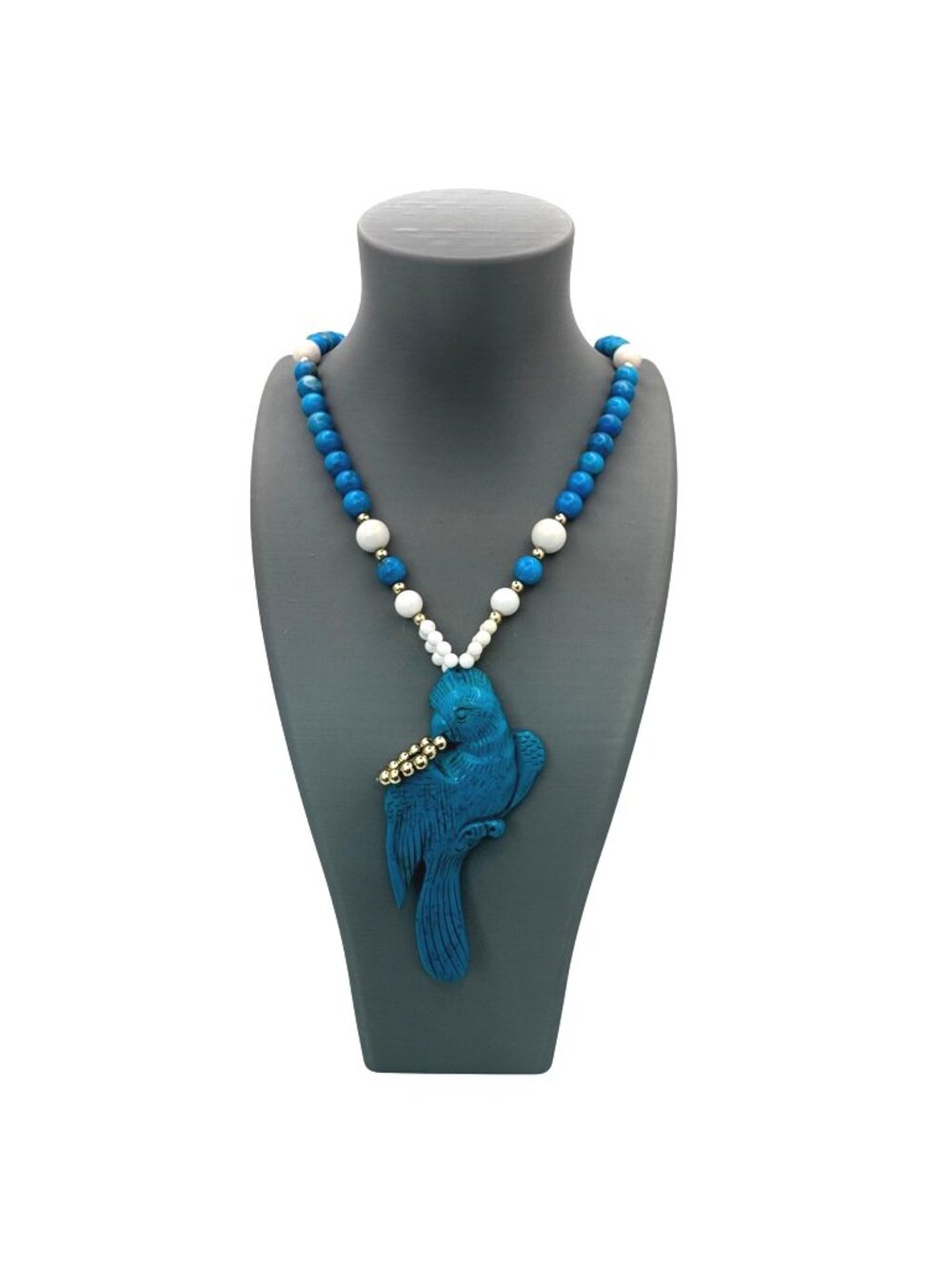 Carved Parrot Turquoise Statement Blue & White Glass Beaded Necklace Pendant 30"